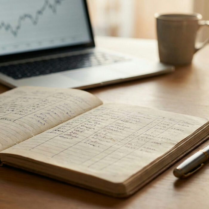 Forex trading journal open on a desk beside a laptop showing a chart