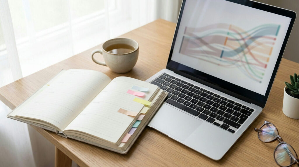 Forex economic calendar shown as a desk planner beside a trading laptop