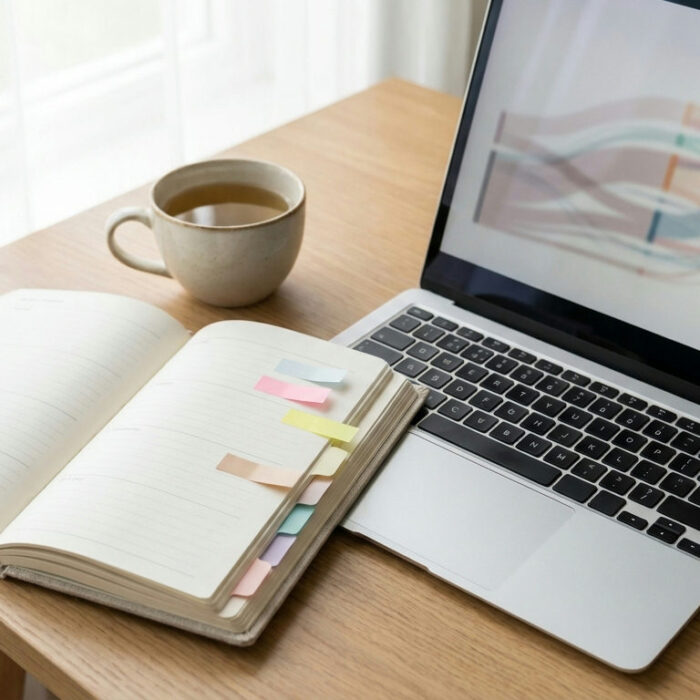 Forex economic calendar shown as a desk planner beside a trading laptop