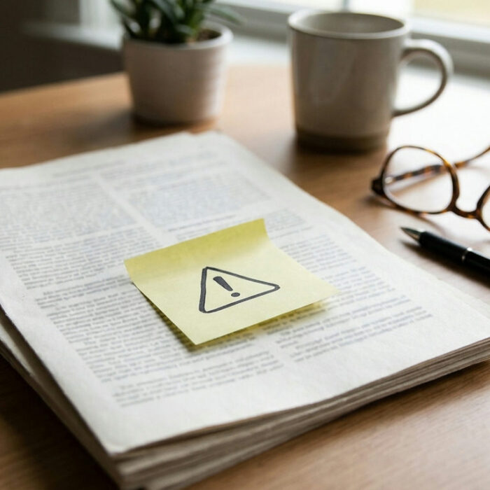 Forex risk disclosure document with warning icon being read at a desk