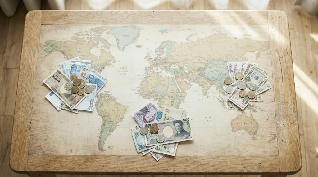 Major minor exotic currency pairs represented by banknotes from several countries on a desk