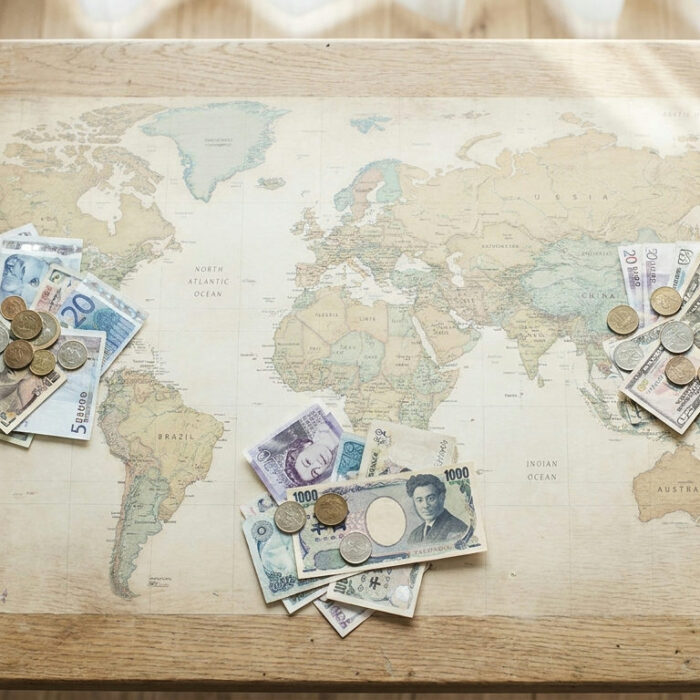 Major minor exotic currency pairs represented by banknotes from several countries on a desk