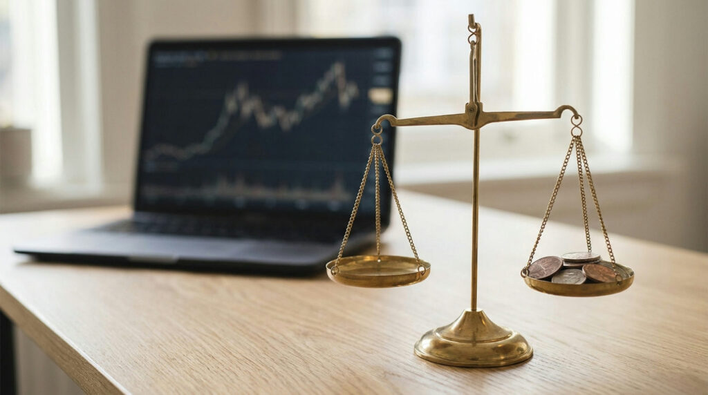 Risk reward ratio in forex shown as a balance scale beside a trading chart