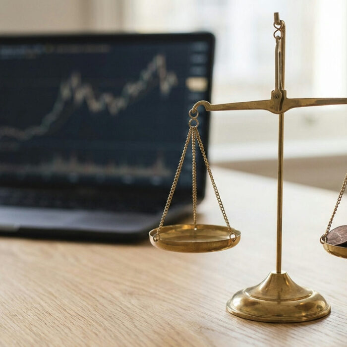 Risk reward ratio in forex shown as a balance scale beside a trading chart